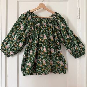 Green Floral Block Print Peasant Blouse Puff Sleeve Boho Top: peasant, cottage
